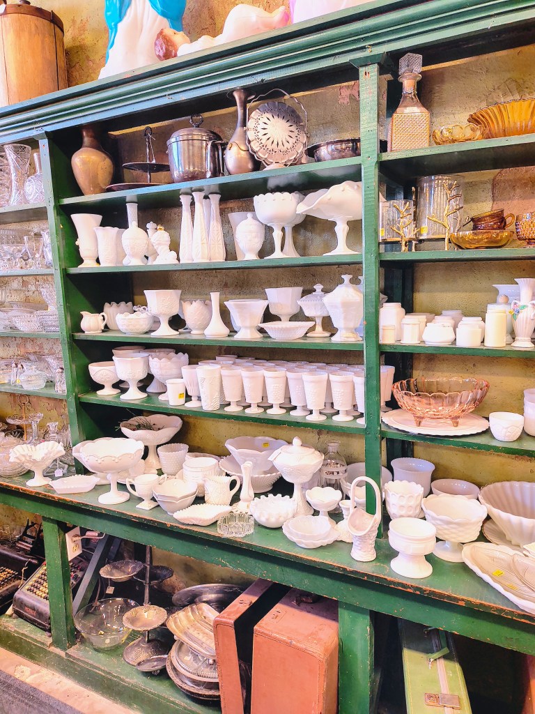 Milk glass collection at New Waverly Antiques and Collectibles.
acrossthelake.blog