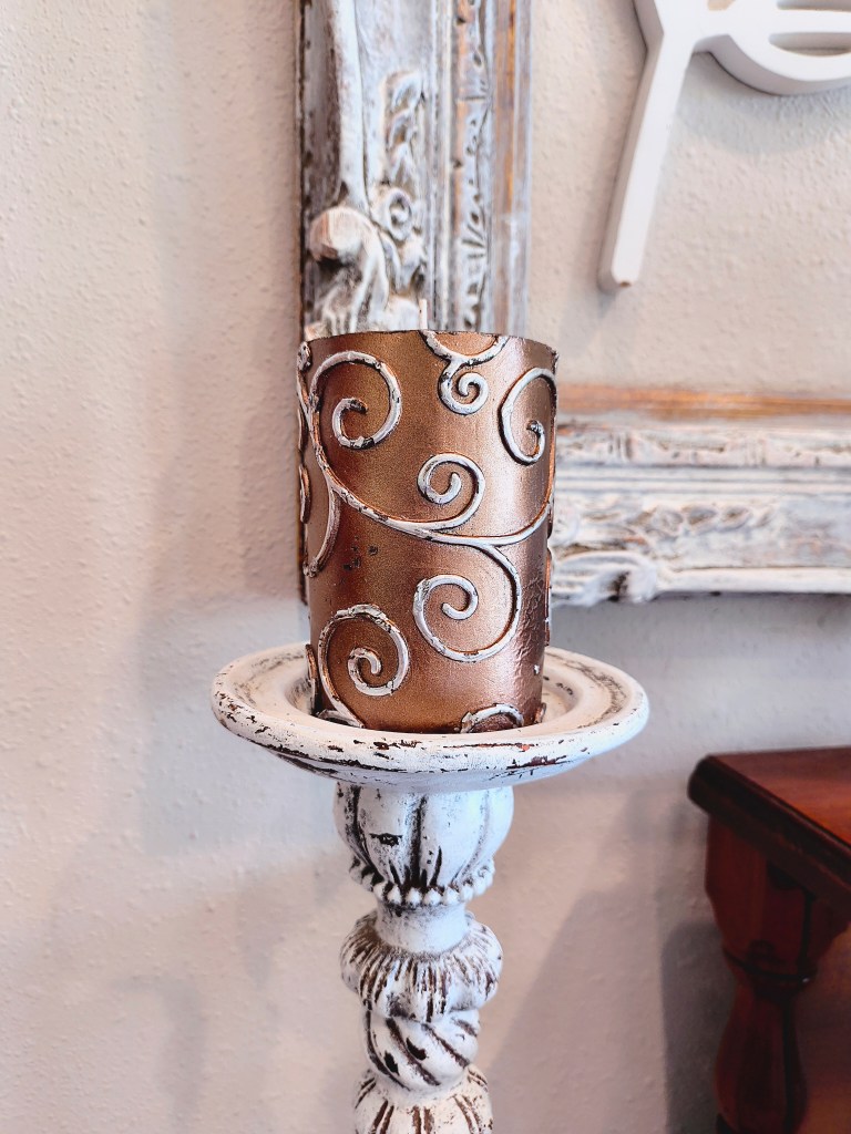 Dark brown pillar candle with raised silver scrollwork from Amazon.
https://amzn.to/45Osc1t
acrossthelake.blog