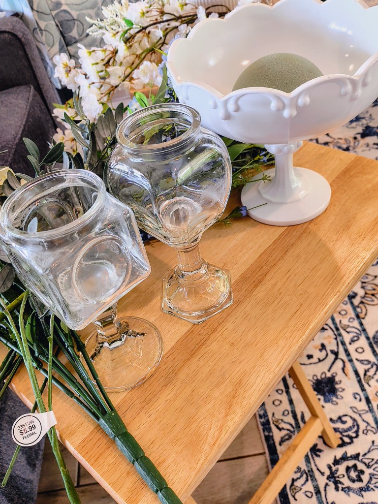 White milk glass stemmed bowl and two clear glass apothecary style glass jars.  Antique shop finds in Conroe and New Waverly, TX. acrossthelake.blog