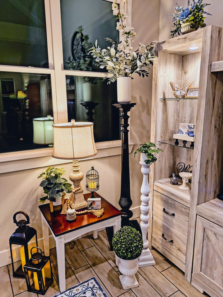 Repainted candlestick holder.  Now in white and gray.  After photo.
acrossthelake.blog