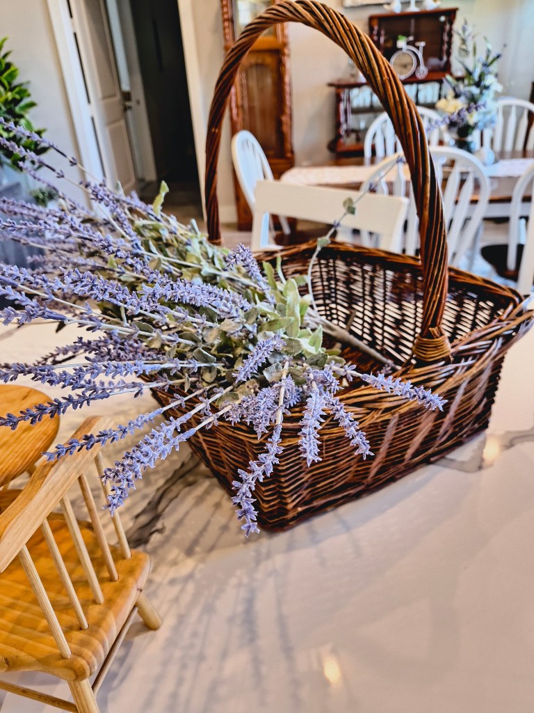 Faux lavender bushes in a basket 
acrossthelake.blog