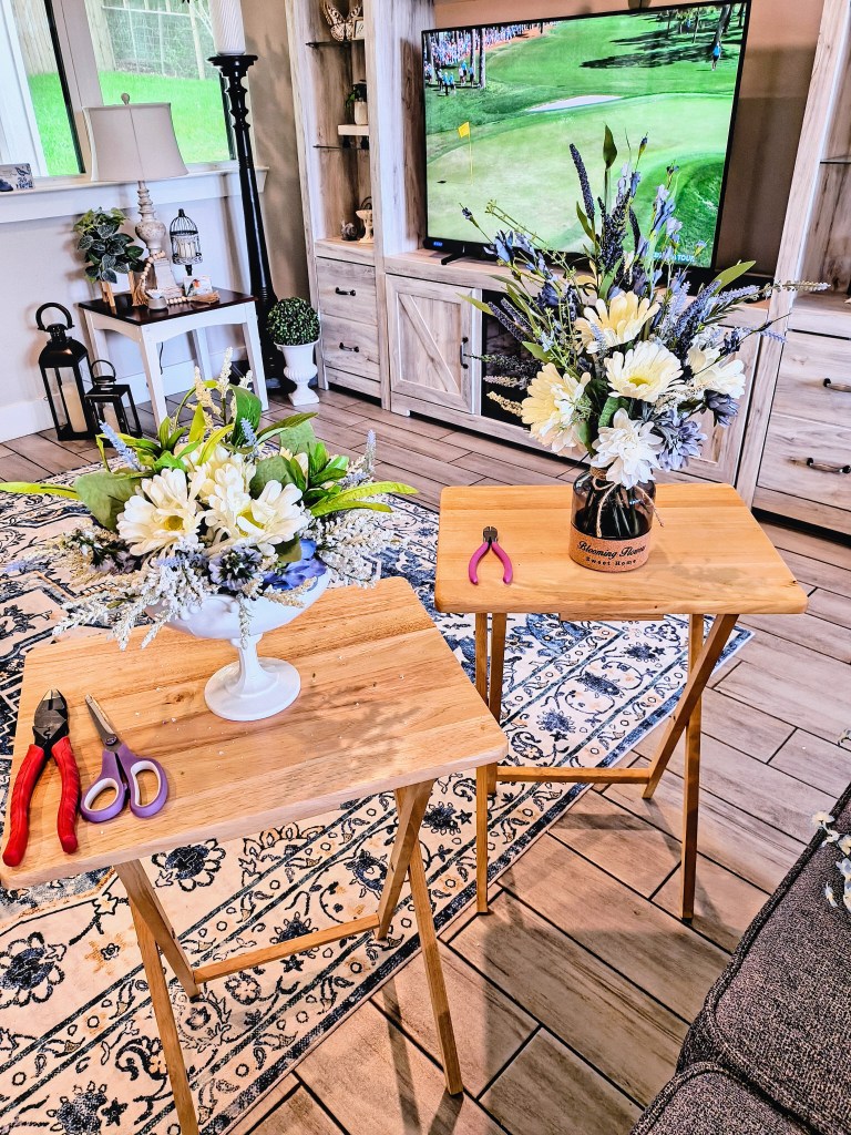 Faux Floral Arrangements in White, Blue, and Purple.  
acrossthelake.blog