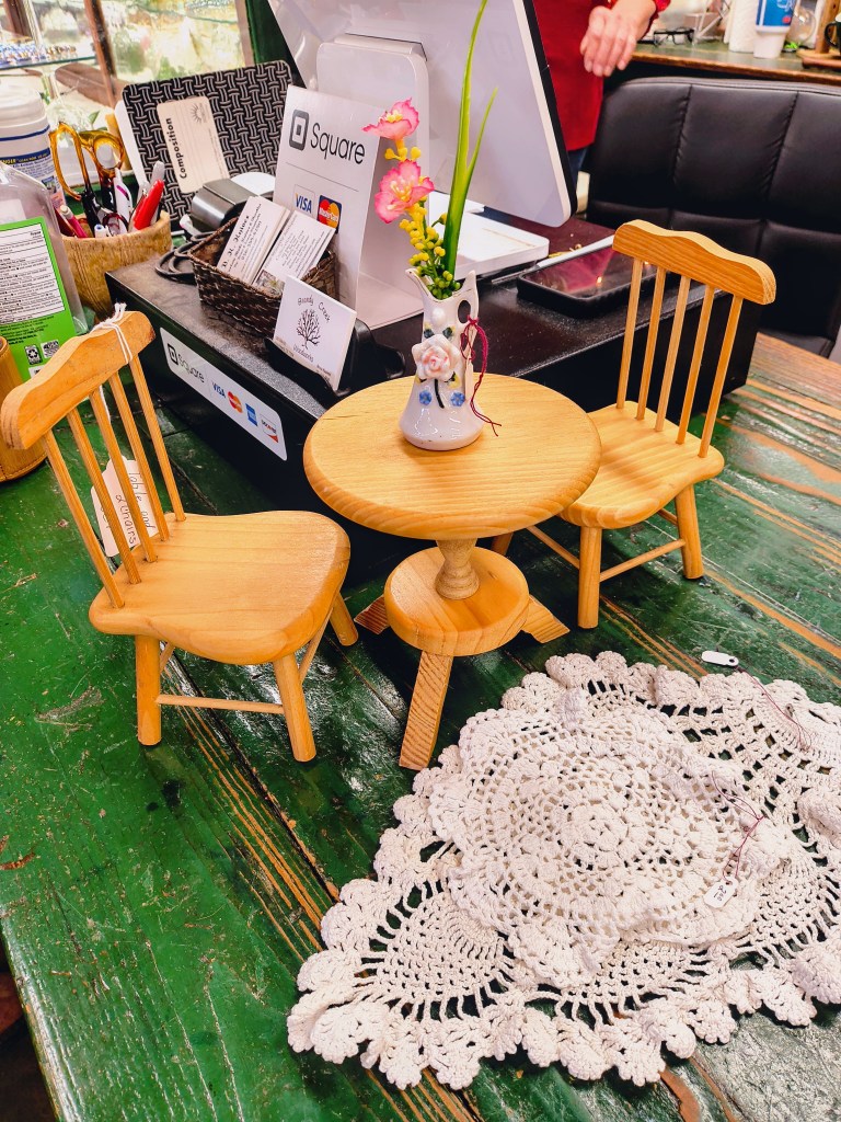 Miniature wooden table and chairs set from New Waverly Antiques and Collectibles.
acrossthelake.blog